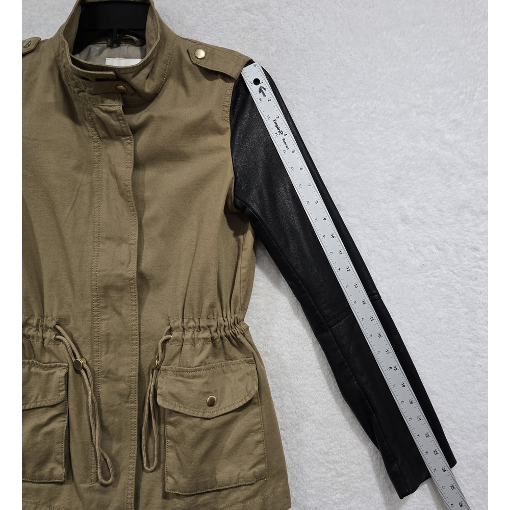 H&M Utility Jacket Faux Leather Sleeves Full Zip Workwear Pockets Polyester Sz 6 - Picture 9 of 14